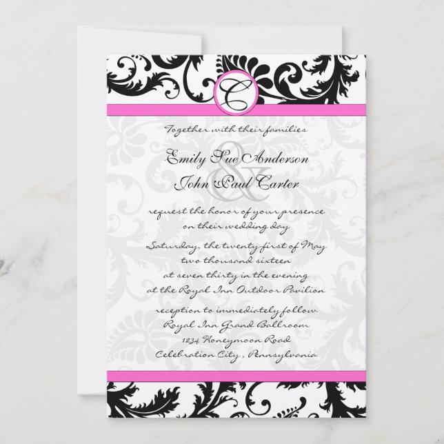 Black & White Damask Swirls Hot Pink Trim Invitation (Front)