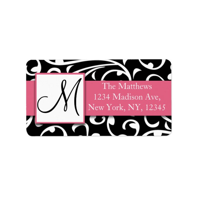 Black White Damask Swirls Pink Address Label (Front)
