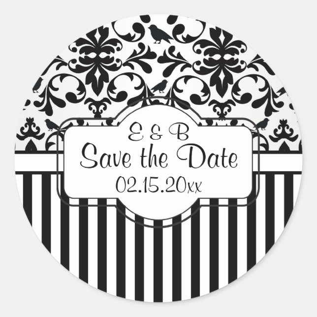 Black white Damask swirls, stripes Save the Date Classic Round Sticker (Front)