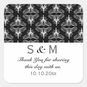 Black White Damask Thank You Monogram Wedding Square Sticker