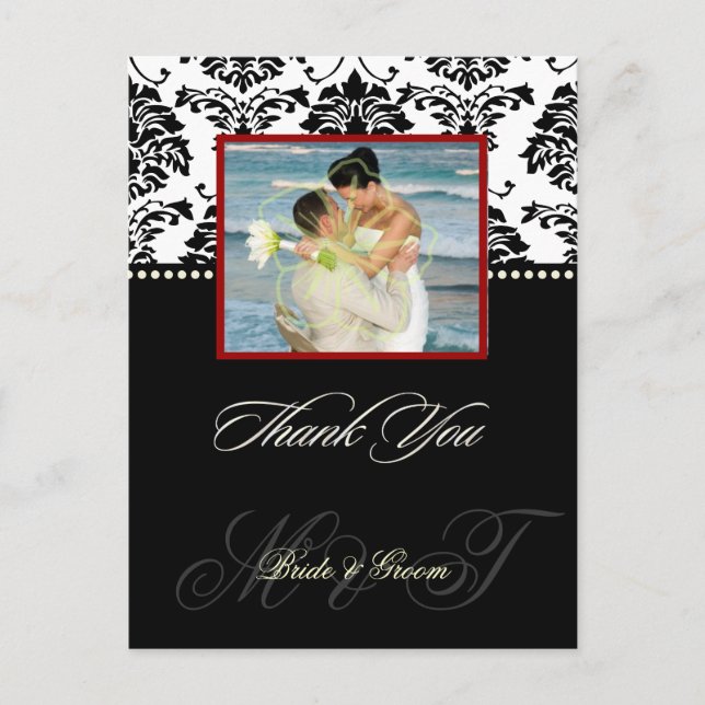 Black +  White Damask Thank You Photo postcards, Postcard (Front)
