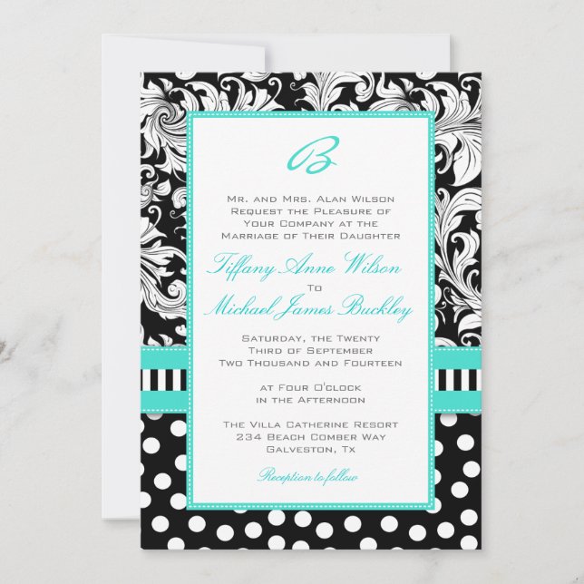 Black white damask turquoise wedding invitation (Front)
