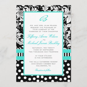 Black white damask turquoise wedding invitation