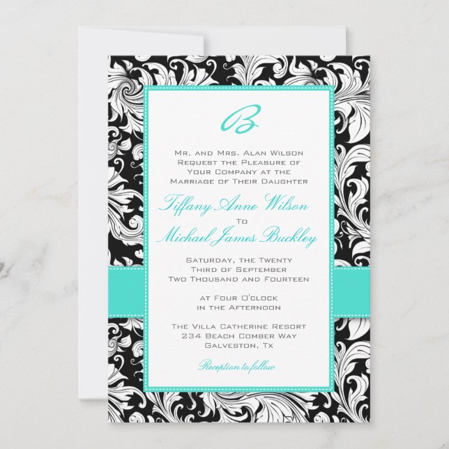 Black white damask turquoise wedding invitation (Front)