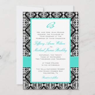Black white damask turquoise wedding invitation