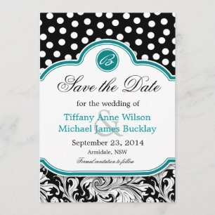 Black white damask turquoise wedding save the date