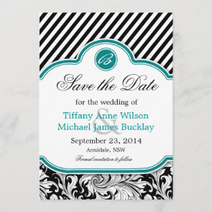 Black white damask turquoise wedding save the date