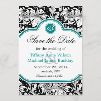 Black white damask turquoise wedding save the date