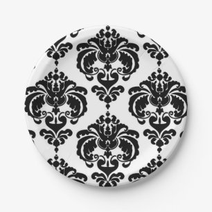 Black & White Damask Vintage Wedding Event Party Paper Plate