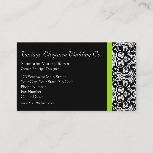 Black/White Damask w/Chartreuse Green Accent Strip Business Card (Front)
