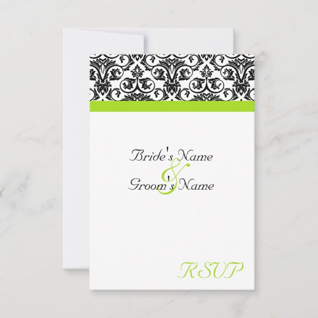 Black/White Damask w/Chartreuse Green Accent Strip RSVP Card (Front)