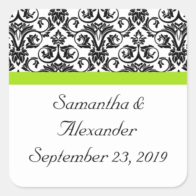 Black/White Damask w/Chartreuse Green Accent Strip Square Sticker (Front)
