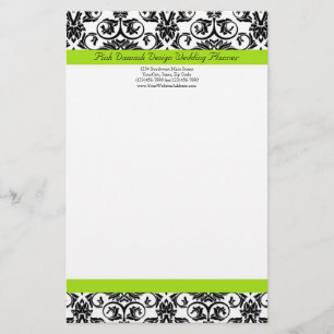 Black/White Damask w/Chartreuse Green Accent Strip Stationery