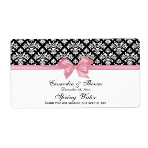 Black, White Damask Water Label Pink Bow