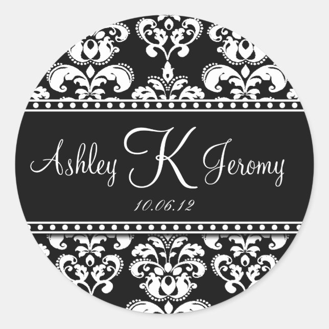 Black White Damask Wedding Favour Labels (Front)