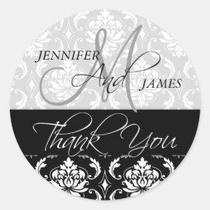 Black White Damask Wedding Favour Thank You Sticke Classic Round Sticker