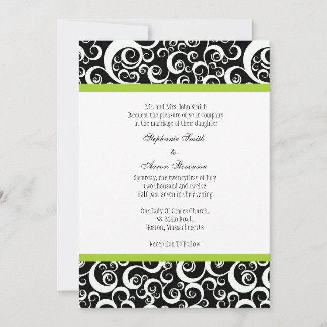 Black & White Damask Wedding Invitation with Green (Front)