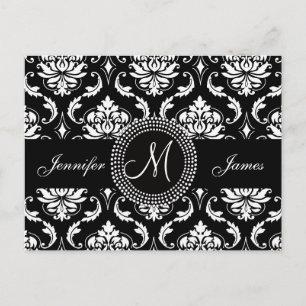 Black White Damask Wedding RSVP Postcard