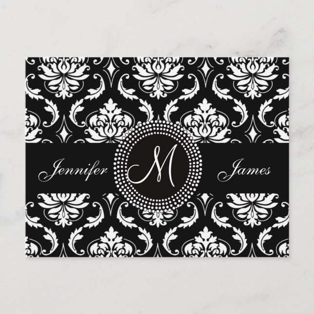 Black White Damask Wedding RSVP Postcard (Front)