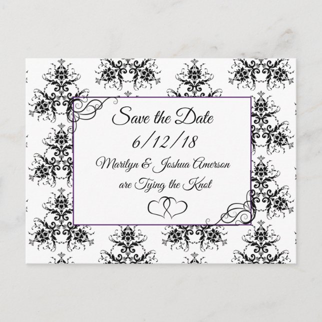 Black White Damask Wedding Save the Date Postcard (Front)