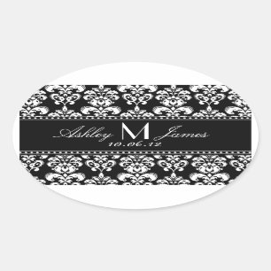 Black White Damask Wedding Wine Label