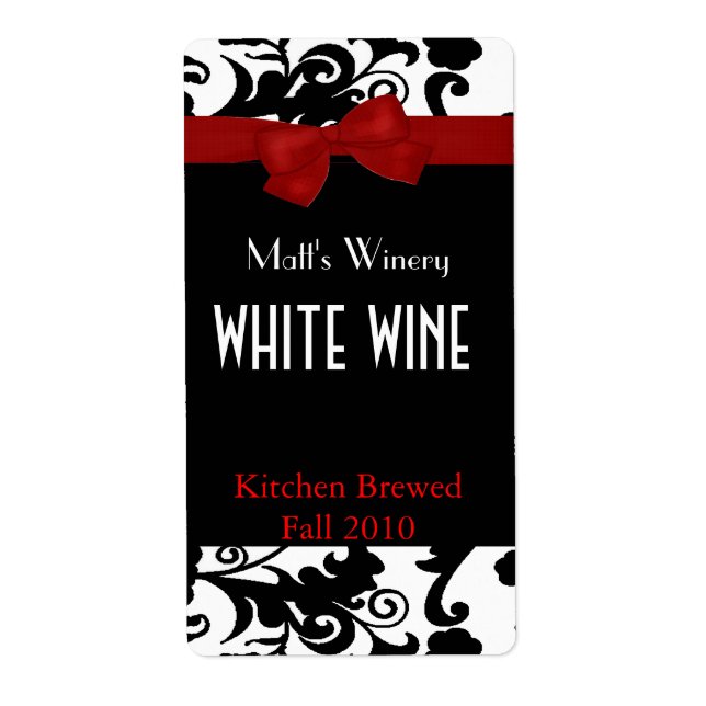 Black, White Damask with Bow Home Made Wine Labels (Front)
