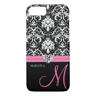 Black & White Damask with Diamond Heart & Monogram iPhone 8/7 Case