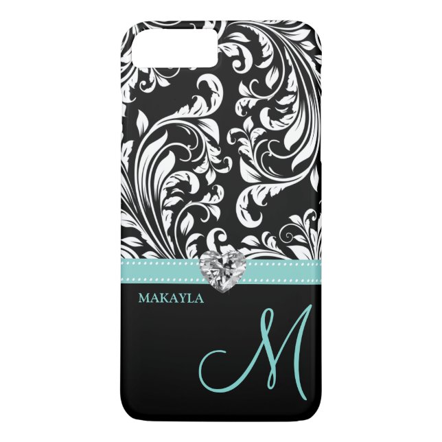Black & White Damask with Diamond Heart & Monogram Case-Mate iPhone Case (Back)