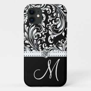 Black & White Damask with Diamond Heart & Monogram iPhone 11 Case