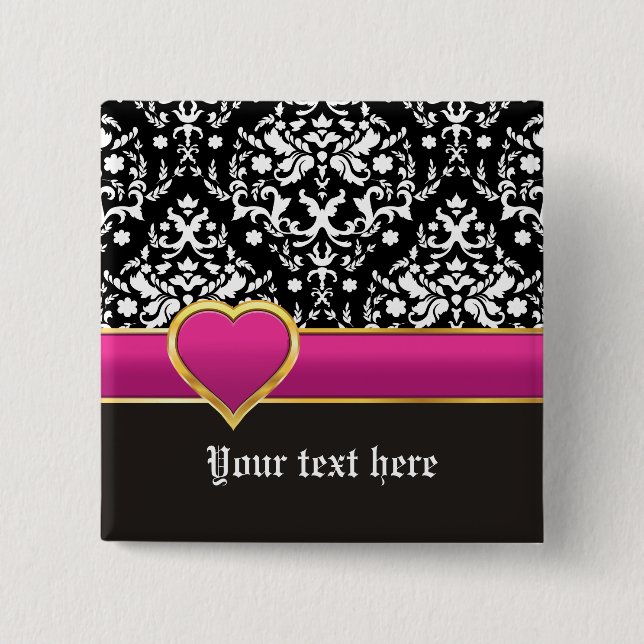 Black white damask with hot pink band and heart 15 cm square badge (Front)