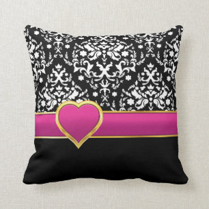 Black white damask with hot pink band and heart cushion