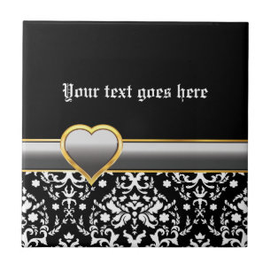 Black white damask with silver grey band and heart ceramic tile