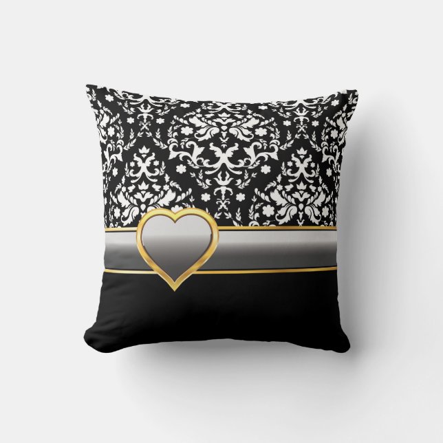 Black white damask with silver grey band and heart cushion (Front)