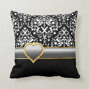 Black white damask with silver grey band and heart cushion