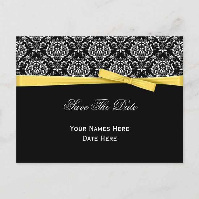 Black White Damask Yellow Bow Ribbon Save The Date Announcement Postcard (Front)