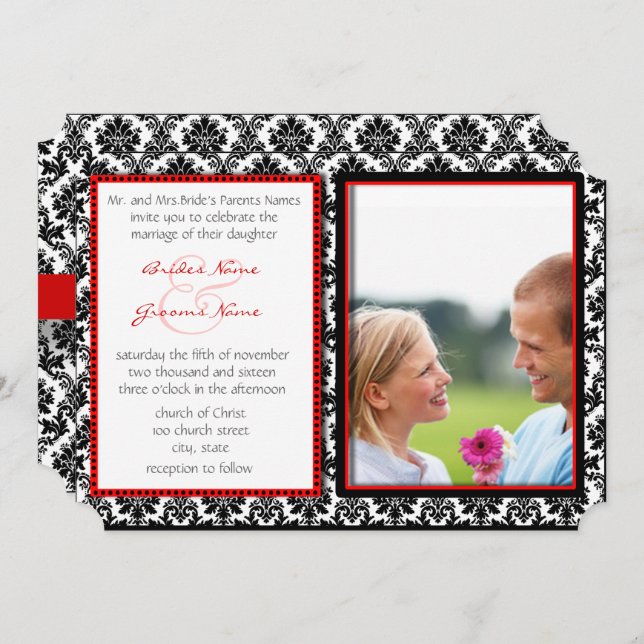 Black & White Damask Your Photo Wedding Invitation (Front/Back)