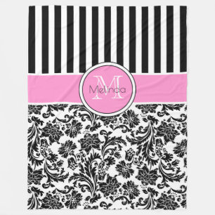 Black & White Damasks & Stripes Monogram Fleece Blanket