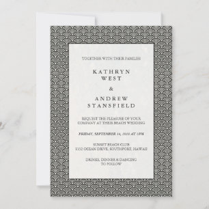 Black + White Deco Japanese Seigaiha Waves Wedding Invitation