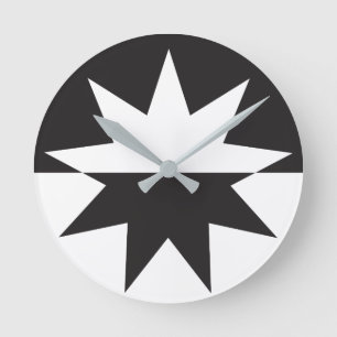 Black White Deco Star Sunburst Round Clock