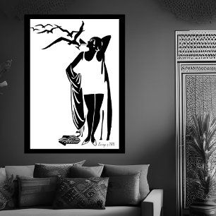 Black White Deco woman beach champagne  Poster