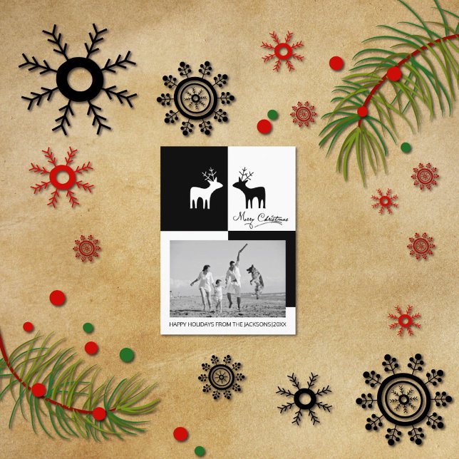 Black white deer Merry Christmas calligraphy photo Holiday Card (Creator Uploaded)