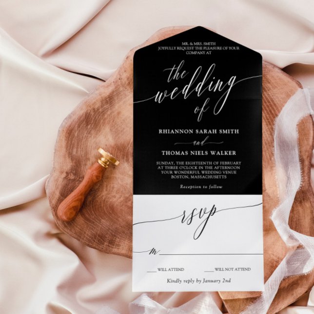 Black White Delicate Calligraphy Wedding All In One Invitation (Creator Uploaded)