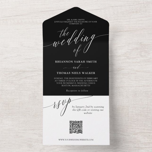 Black White Delicate Calligraphy Wedding QR RSVP All In One Invitation (Inside)