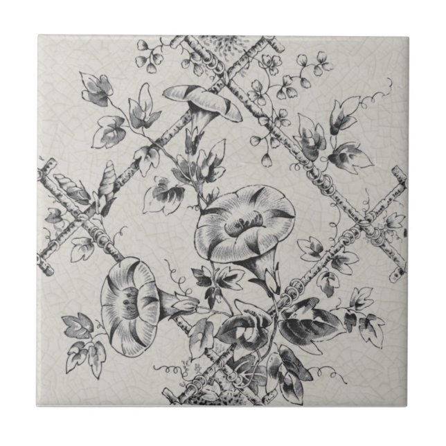 Black & White Delicate Floral Bamboo Trellis Repro Ceramic Tile (Front)