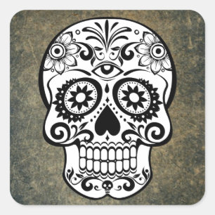 Black White Dia De Los Muertos Sugar Skull Square Sticker