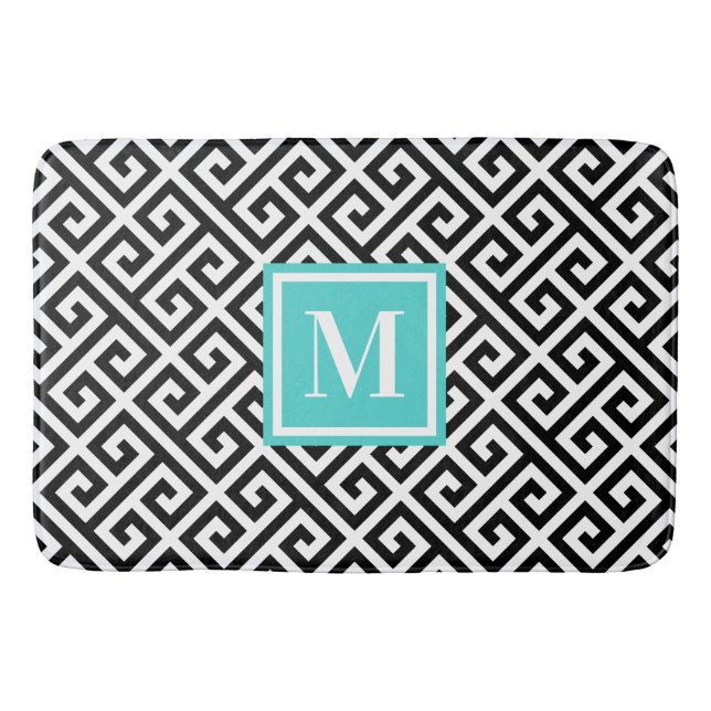 Black White Diagonal Greek Key Turquoise Monogram Bath Mat (Front)