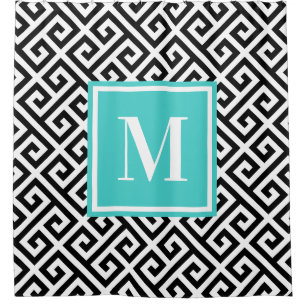 Black White Diagonal Greek Key Turquoise Monogram Shower Curtain