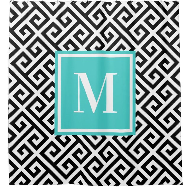 Black White Diagonal Greek Key Turquoise Monogram Shower Curtain (Front)