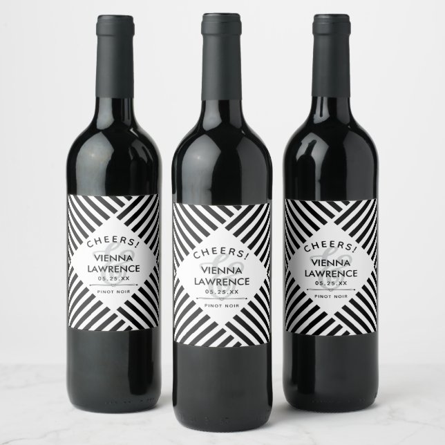 Black & White Diagonal Lines Wedding Wine Label (Bottles)