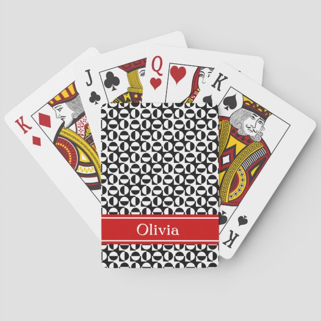 Black & White Diagonal Retro Pattern with Red Band Playing Cards (Back)